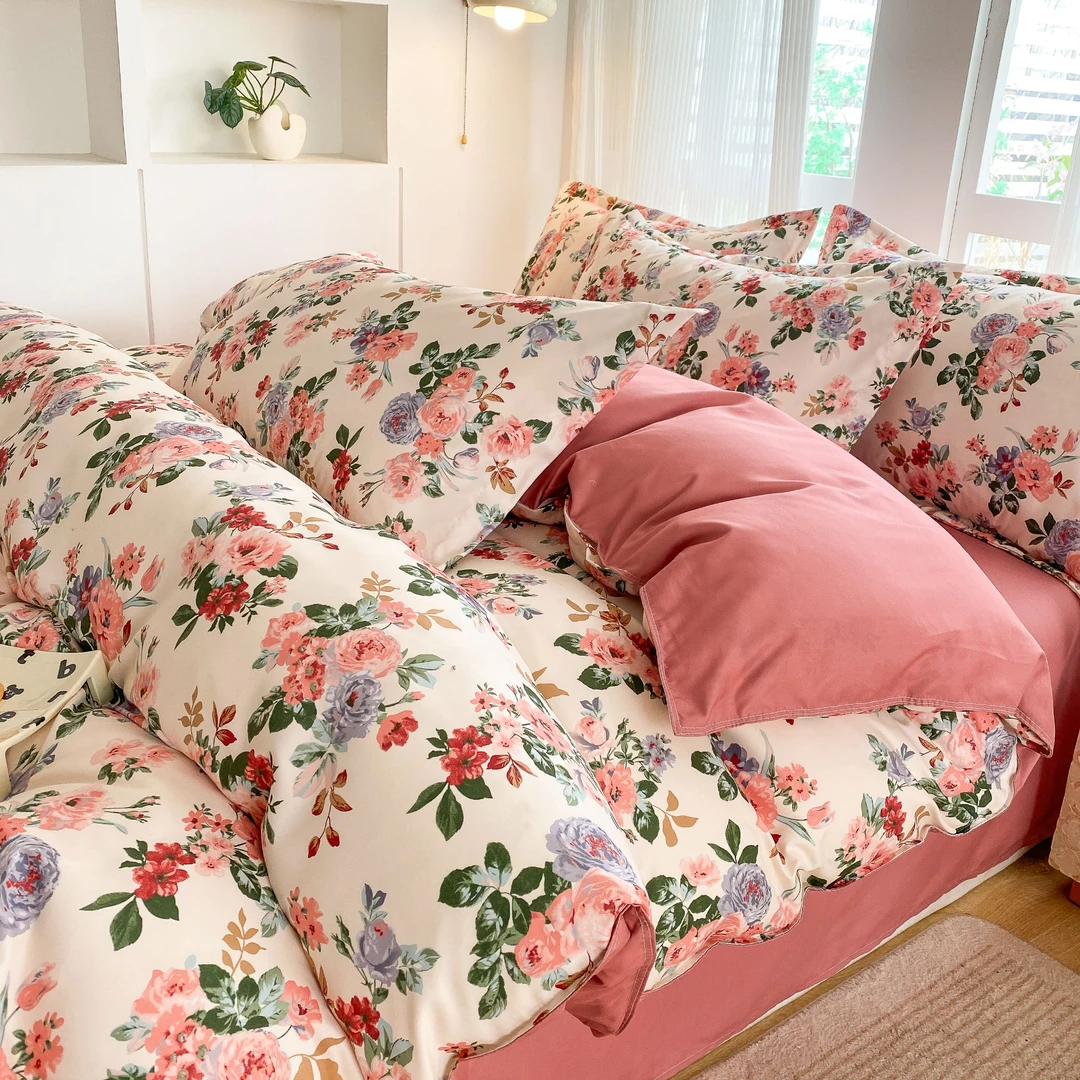 四季通用斜纹四件套小清新亲肤磨毛印花被套加厚单双人学生宿舍