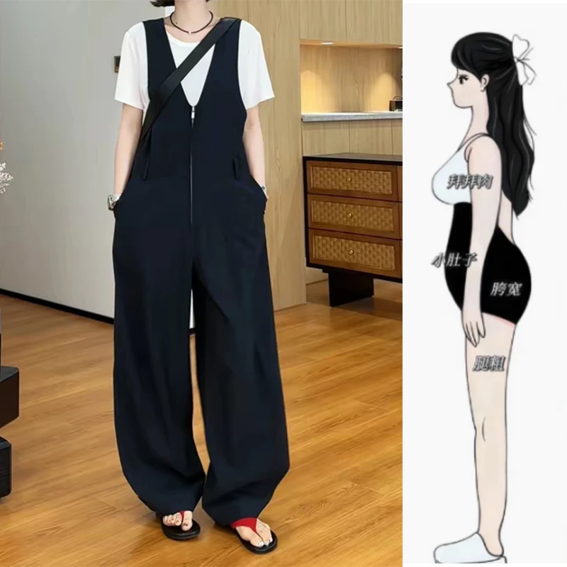 2025夏款大码女装减龄拉链背带连体裤梨形身材显瘦无袖阔腿拖地裤