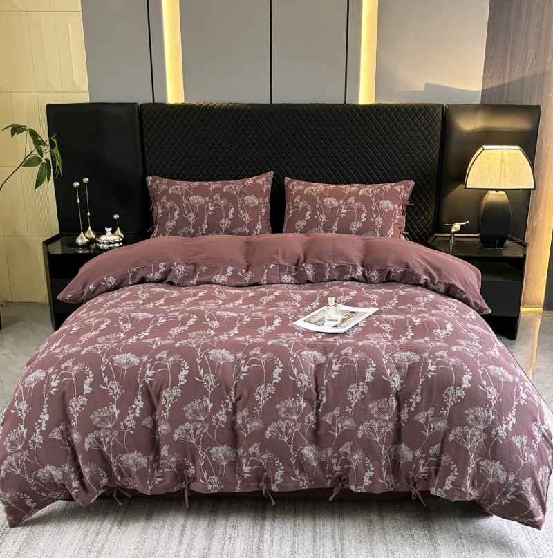 【云影-豆沙系带】色织提花a类母婴全棉柔彩纱四件套温暖居家轻奢厚