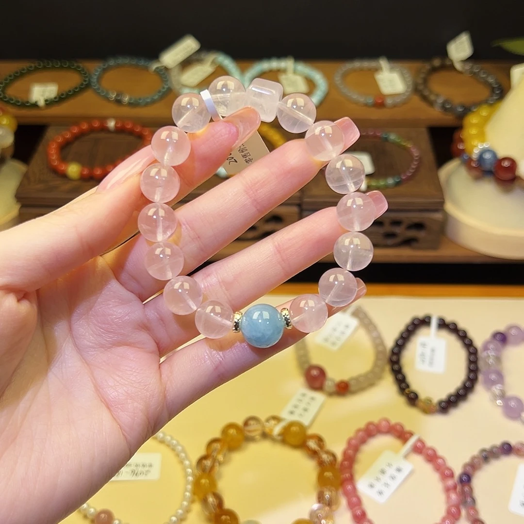 水晶手串银S925镀金镶嵌粉2069