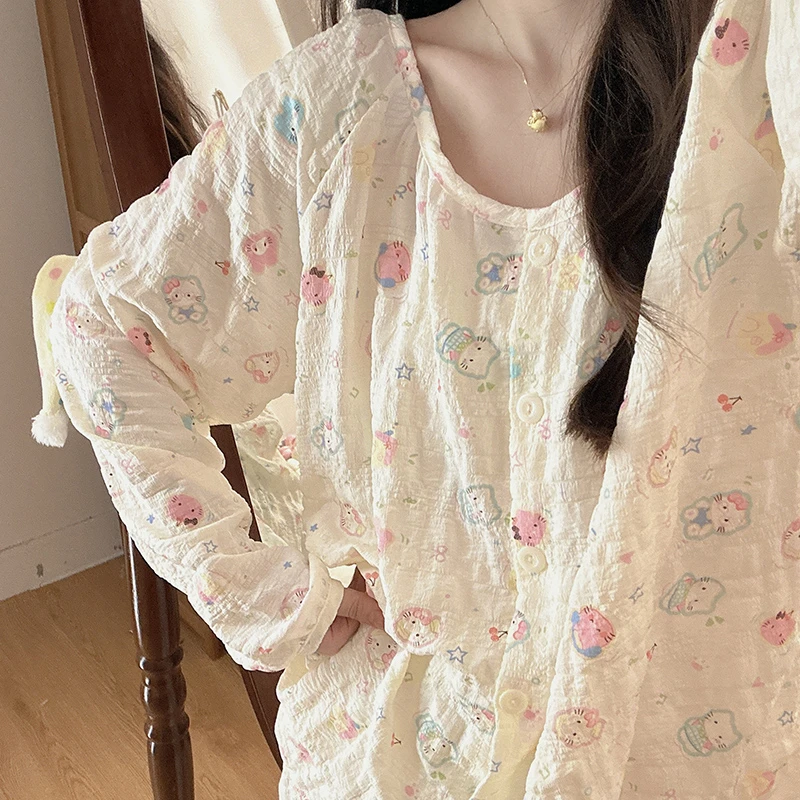 泡泡KItty糖春秋季韩版新款睡衣少女长袖宽松花边家居服学生套装