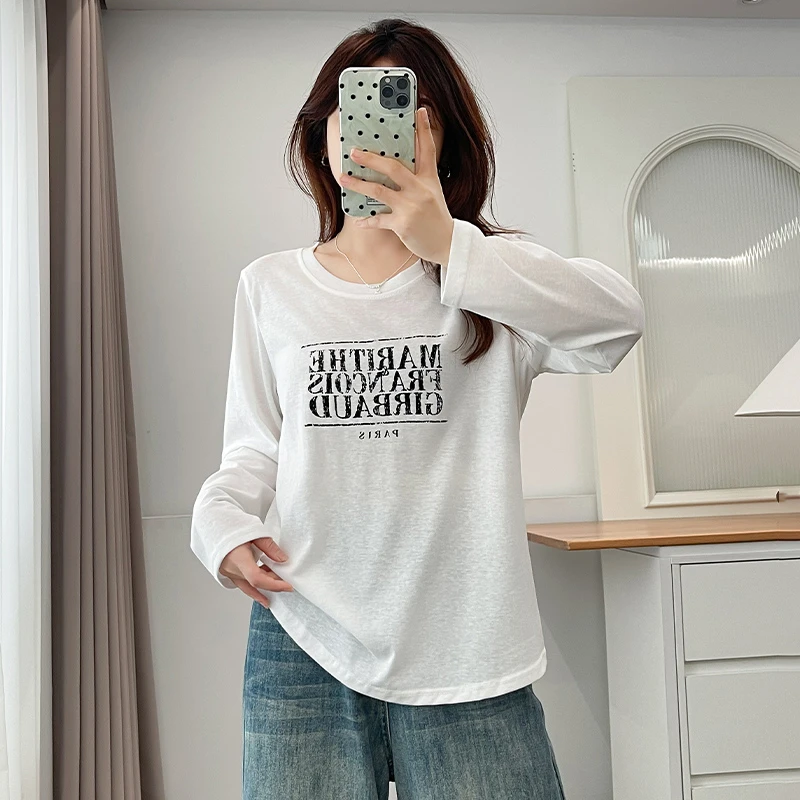 大码女装圆领时尚休闲拼接百搭短款长袖字母T恤早秋胖mm打底上衣