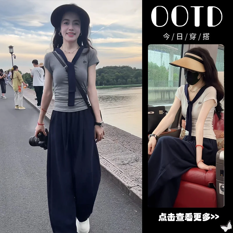 夏季流行穿搭一整套女2025新款假两件披肩短袖显瘦休闲裤两件套