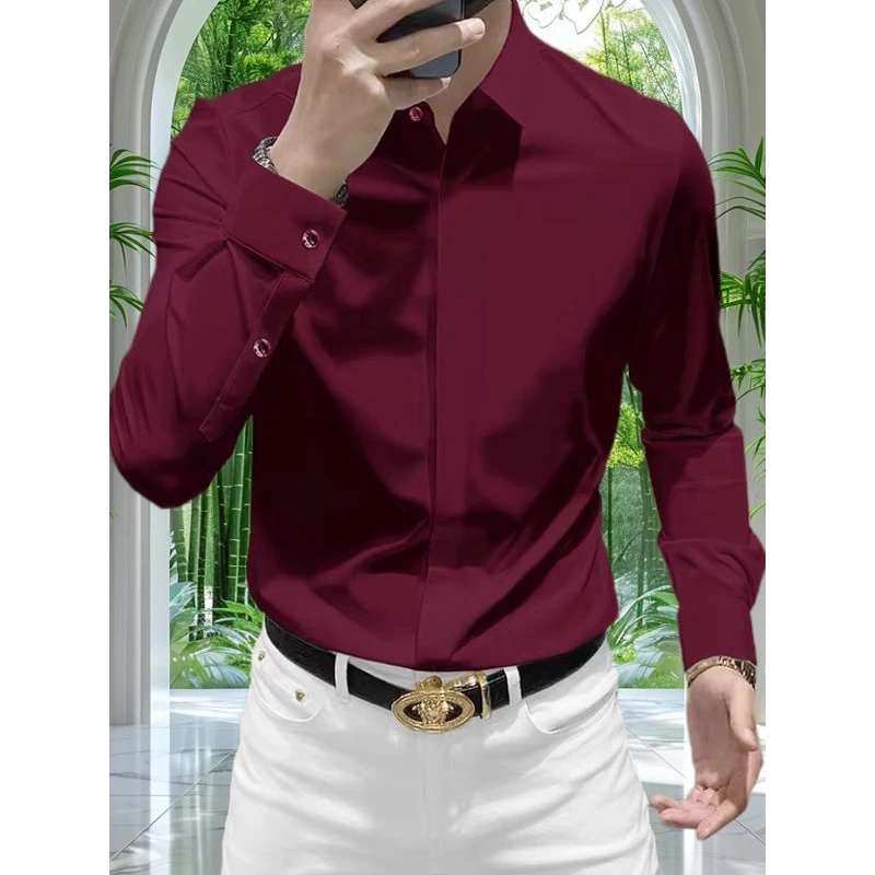 高端弹力无熨烫纯色长袖衬衫男士商务休闲修身抗皱无缝隐扣衬衫新
