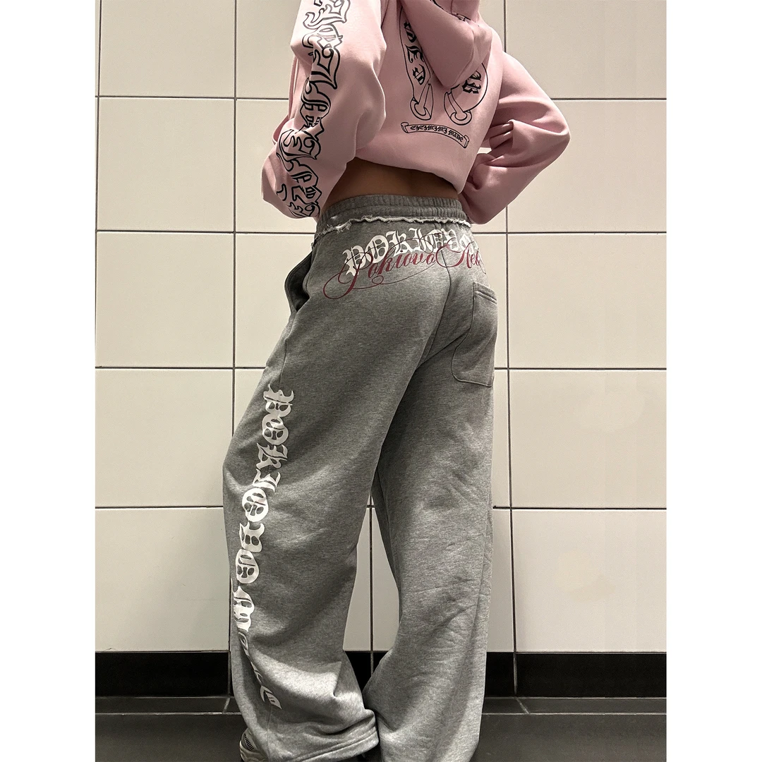 哥特式字母印花卫裤男女宽松直筒阔腿休闲裤百搭拖地长裤嘻哈跳舞