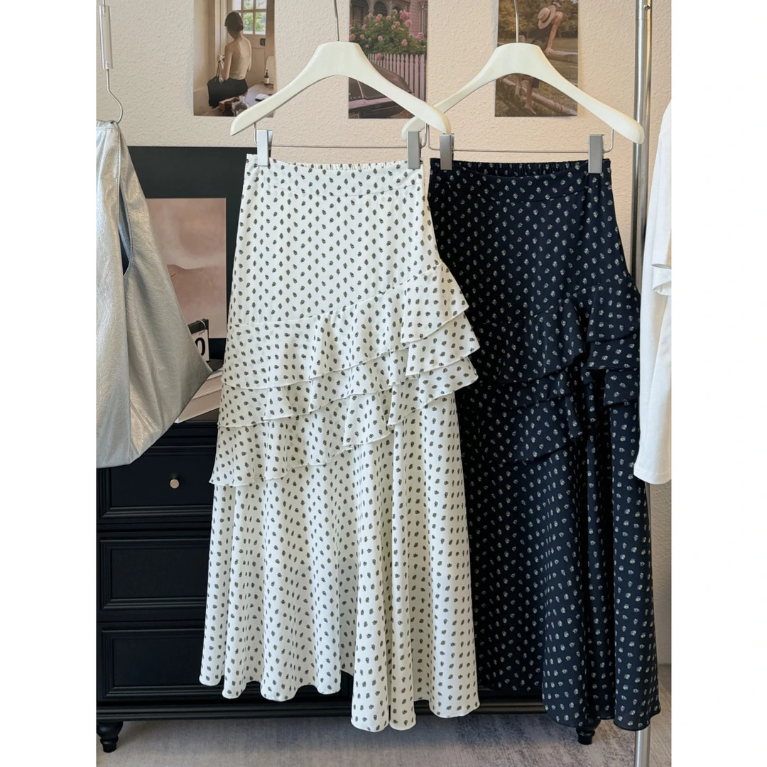 高端欧货2025春夏新款复古波点不规则荷叶边半身裙女垂感蛋糕长裙