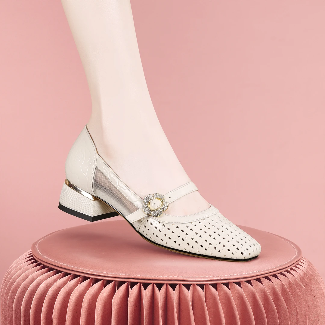 梵芮诗春夏2025新款时尚网孔透气粗跟低跟气质女乐福单鞋-J2025