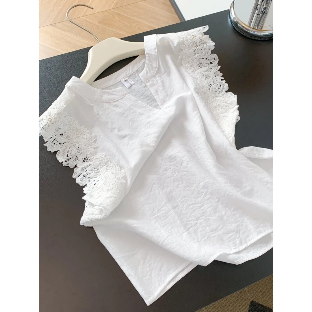 法式气质拼接蕾丝花边白色v领衬衫女2025年夏季轻奢无袖背心上衣