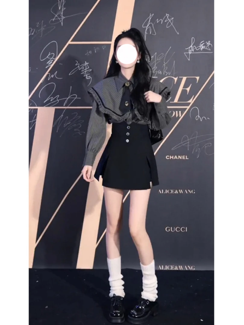 法式复古甜美娃娃领时尚套装女2025春季条纹衬衫+短裙减龄两件套