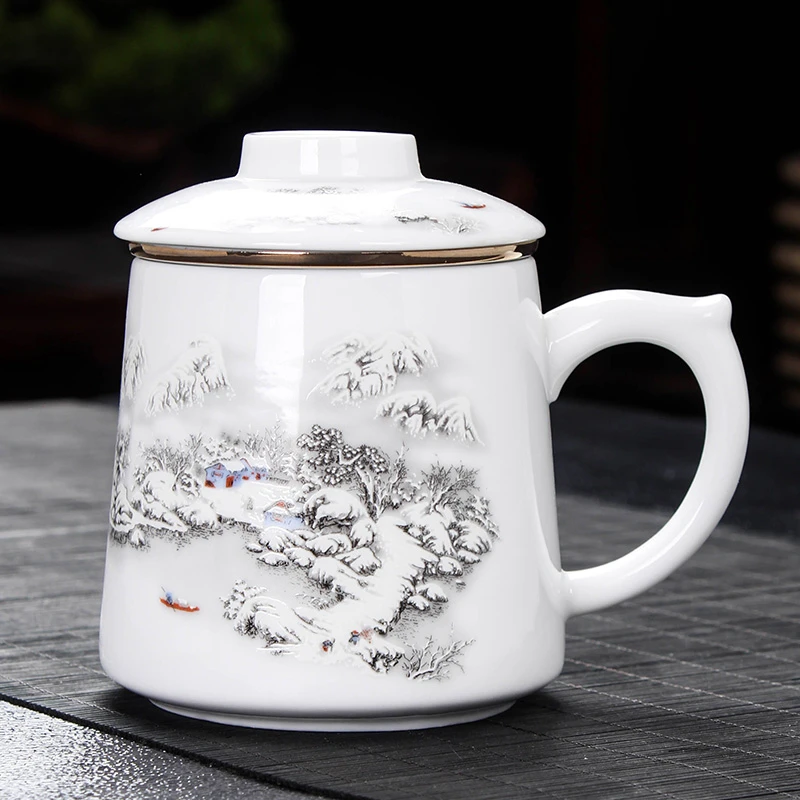 羊脂白瓷三件杯陶瓷茶水分离泡茶杯大容量家用茶楼办公带盖水杯子