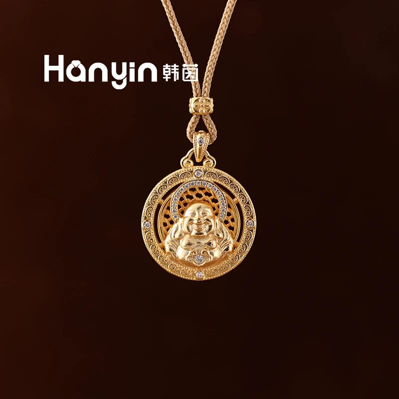 铜合金布艺项链 68cm新中式光面微镶大佛公圆牌编绳项链