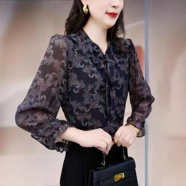 绑带v领蝴蝶结韩版高端2025春秋款新款小衫套头衬衫长袖上衣女