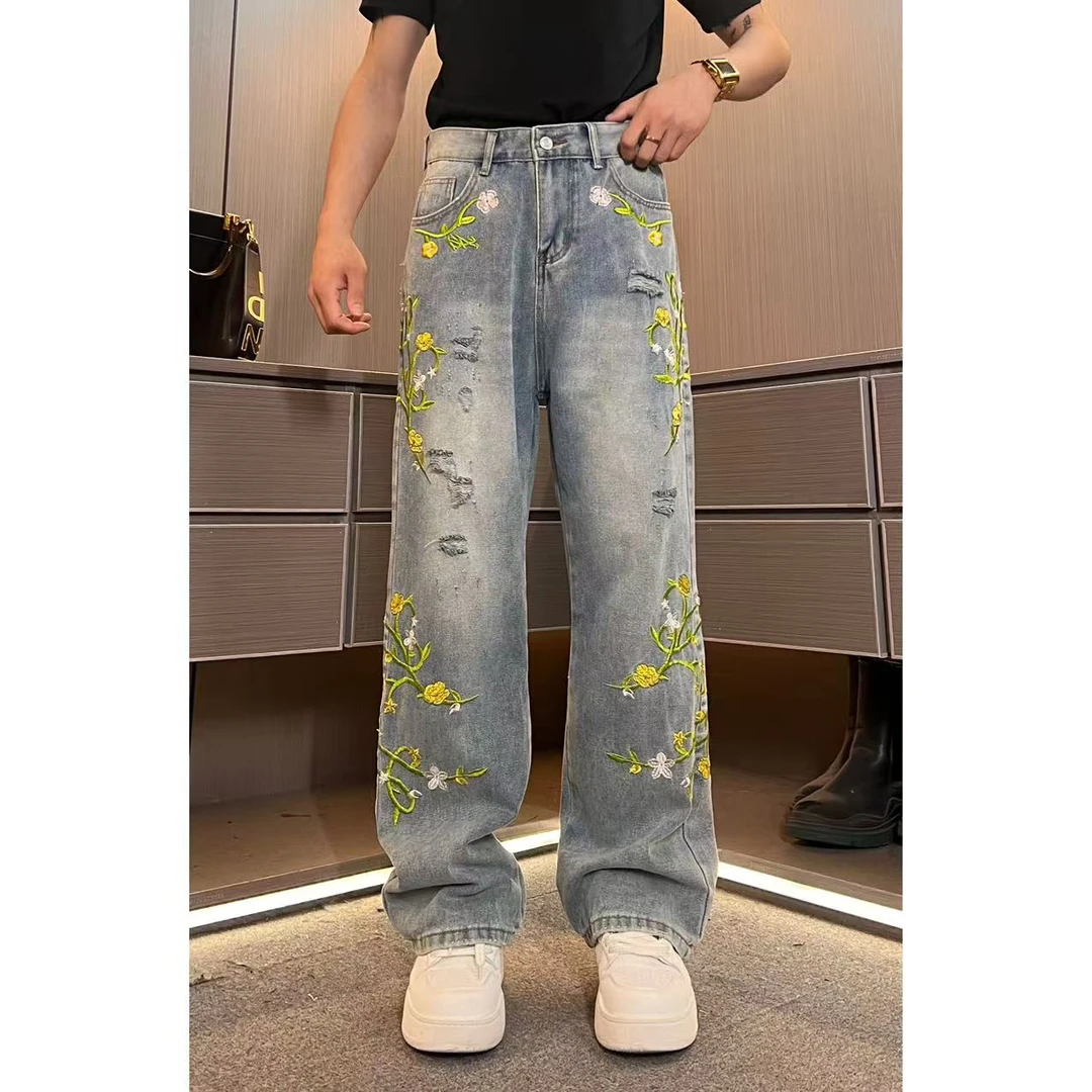 裤子N6076男士高品质刺绣花朵破洞宽松直筒牛仔裤