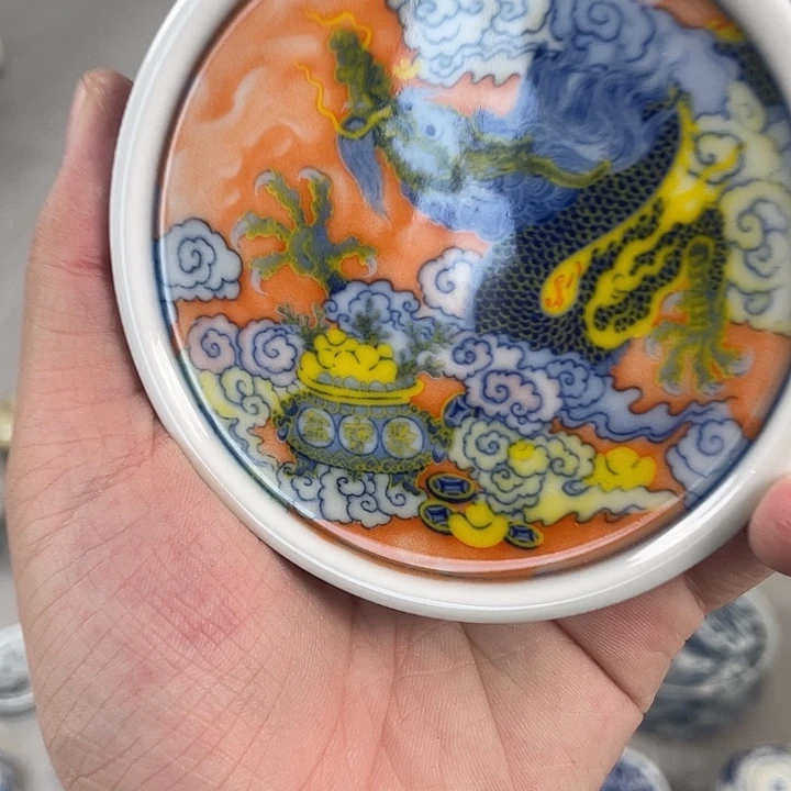 瓷片景德镇粉彩腾龙献宝盖置