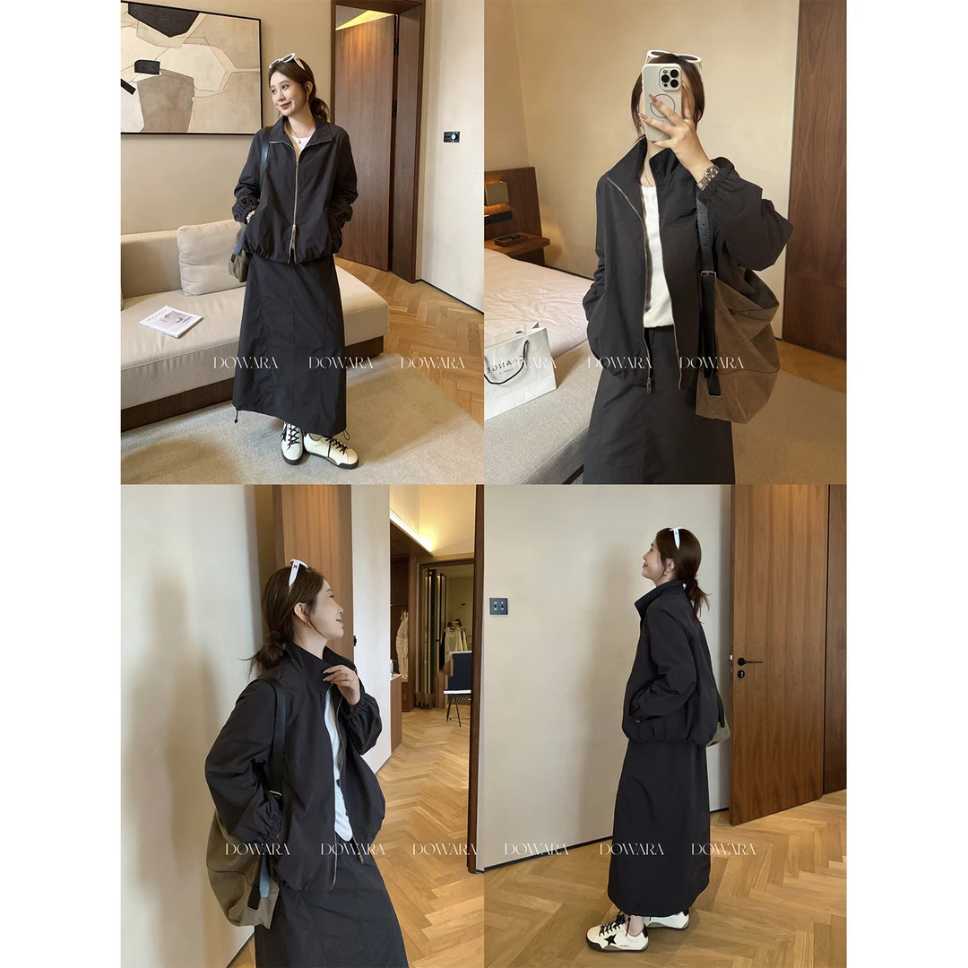 现货大婉酱微胖定制【简灰律动】立领风衣外套+显瘦半身裙套装0210D