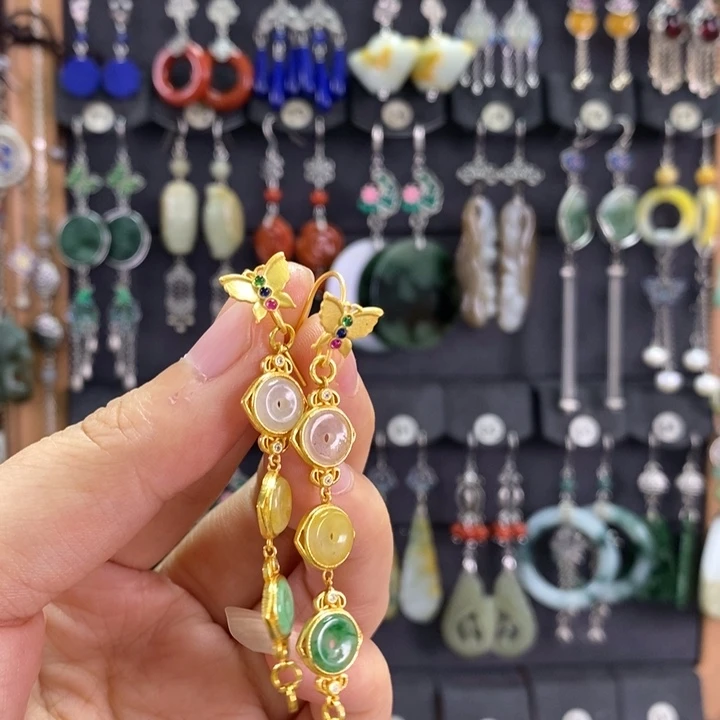 翡翠耳饰银S925镀金镶嵌“****月X17