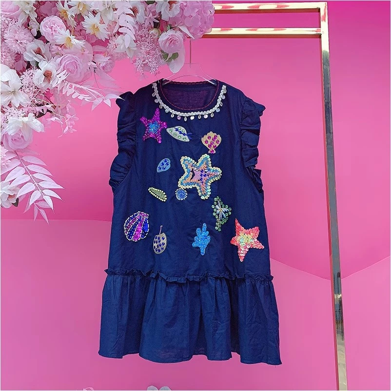 A2667欧美设计师2025夏季新款重工钉珠刺绣亮片星星休闲连衣裙女