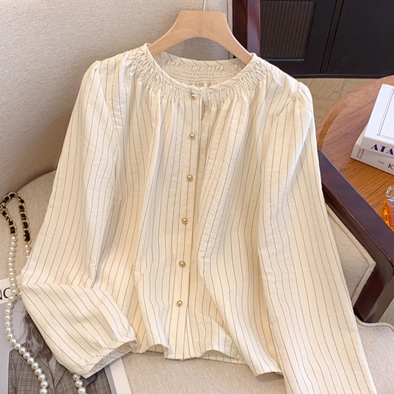法式复古条纹长袖圆领衬衫女2025春秋季新款百搭打底外穿衬衣