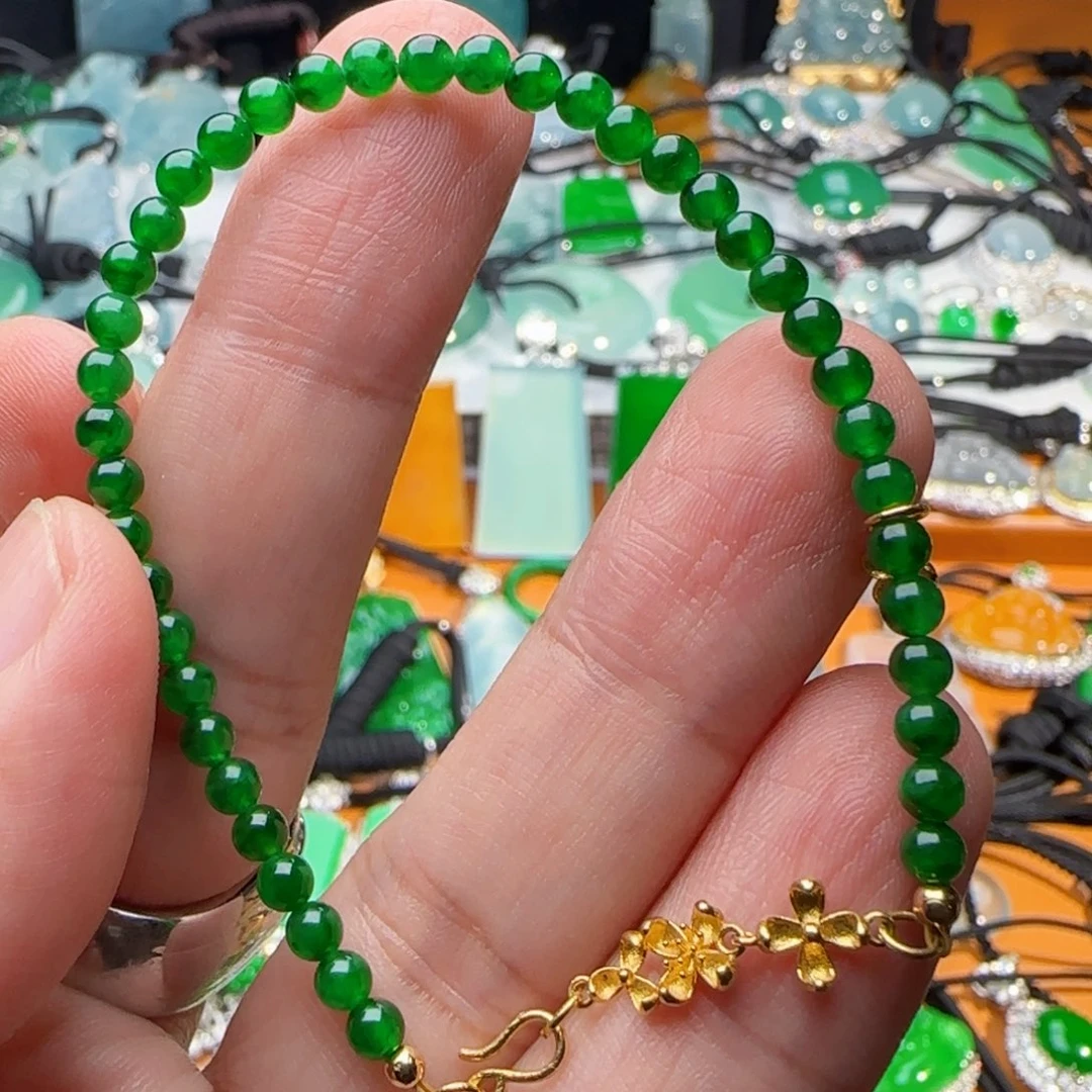 翡翠18K金镶嵌手串冰绿手串3.7mm