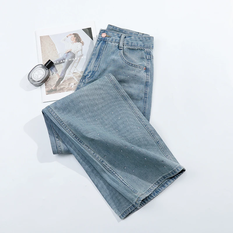 复古烫钻设计窄版直筒牛仔裤女2025春夏新款高腰宽松显瘦直筒裤