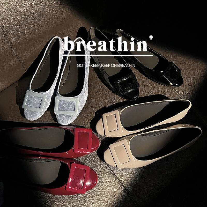 里外真皮内增高款3CM/浅口低跟气质单鞋女春季法式时尚方扣女鞋