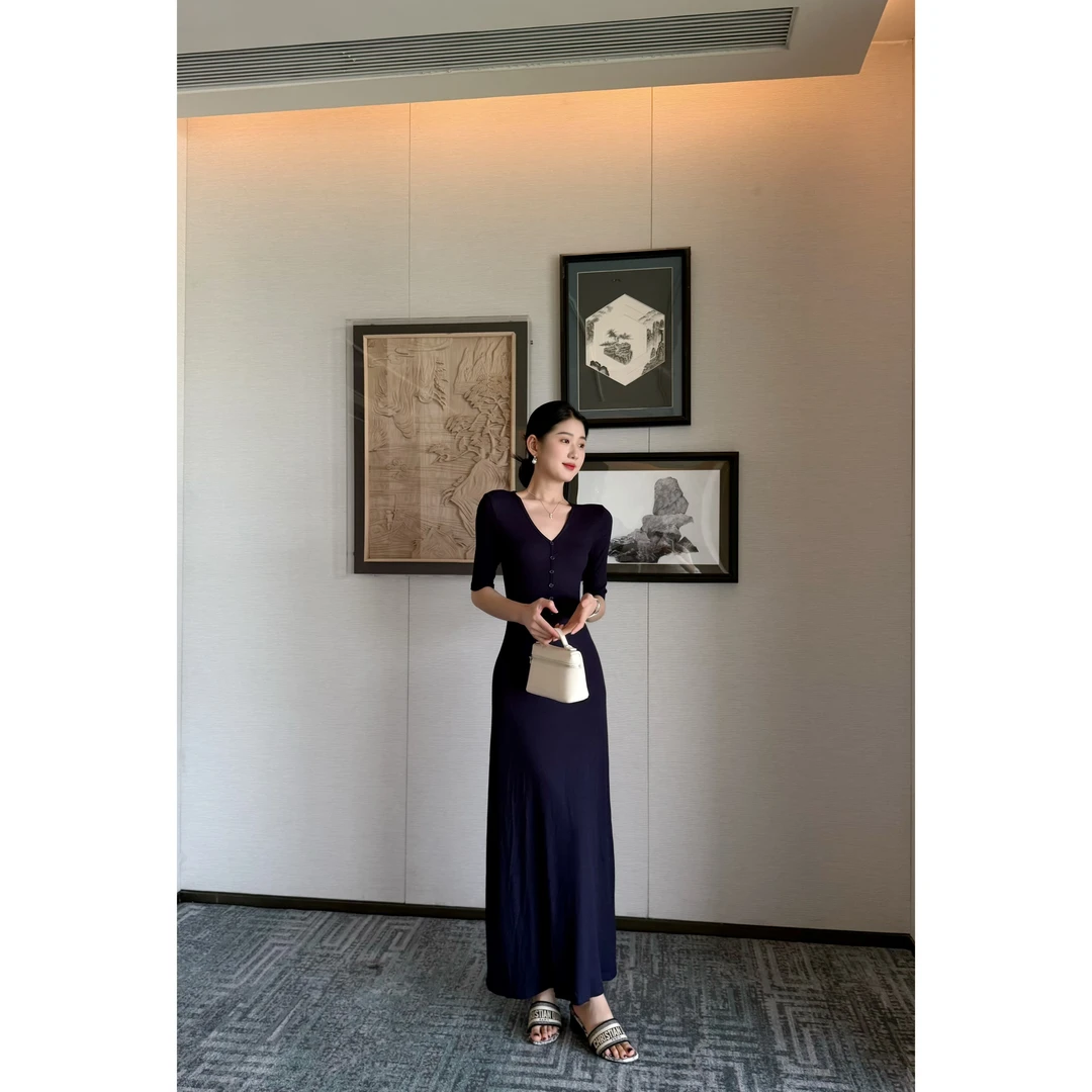 【满分松弛】夏季新款显瘦V领五分袖连衣裙气质修身包臀长裙