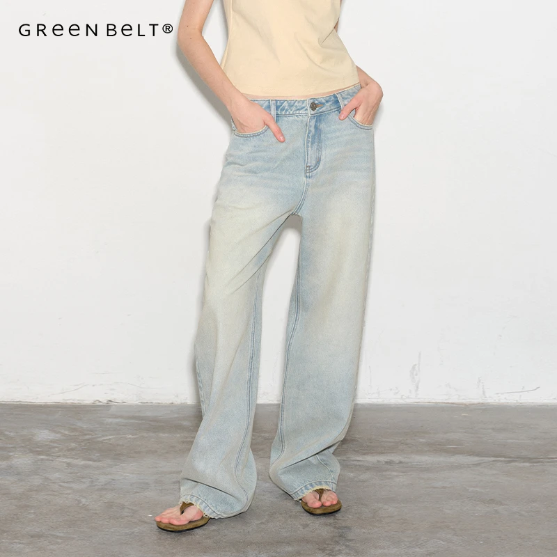 GREEN BELT城市漫游25夏全棉水洗做旧牛仔裤女复古随性蓝色阔腿裤