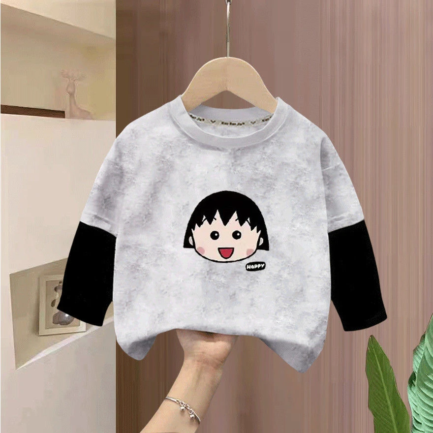 2025秋季新款女童假两件卡通印花纯棉长袖T恤儿童洋气打底T恤休闲