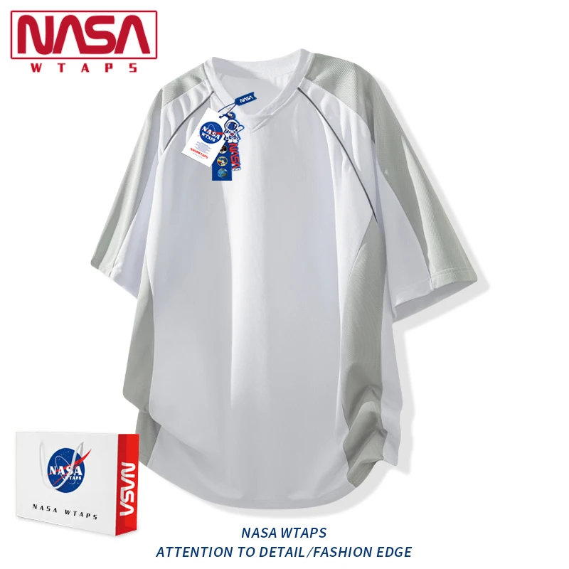 NASA WTAPS男士休闲运动上衣短袖夏季潮流百搭拼接撞色半袖v领t恤