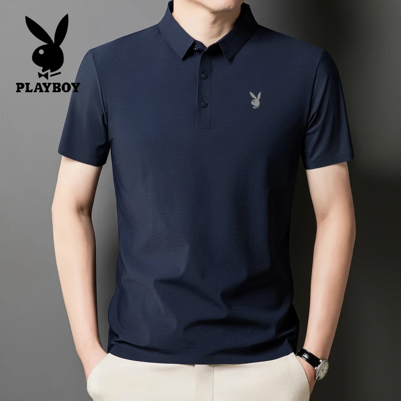 花花公子冰丝Polo衫男夏季纯色速干薄款商务休闲短袖T恤翻领半袖
