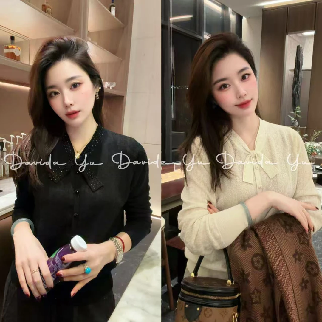 Davida Yu【温柔香】蕾丝系带打底开衫精致女人味内搭针织上衣8723