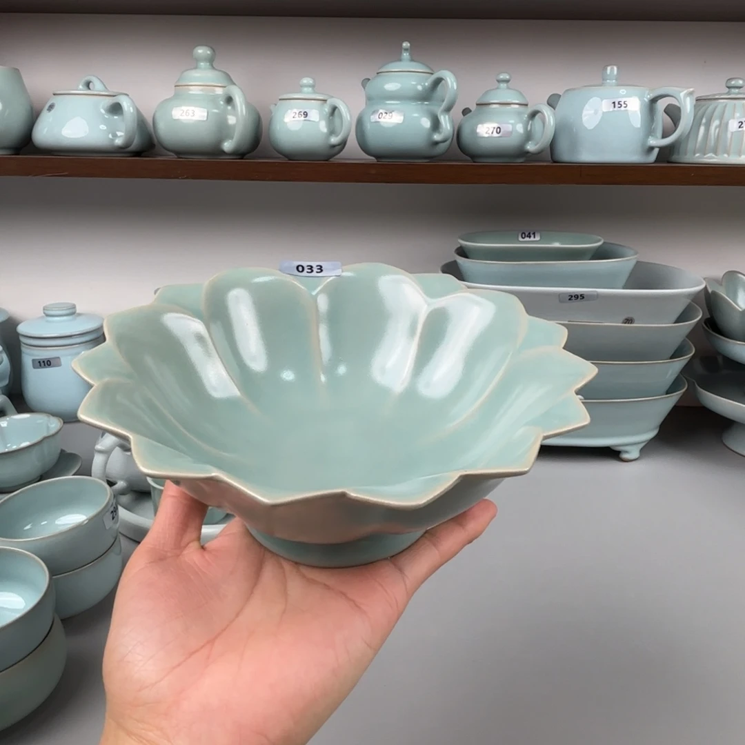 摆件陶汝瓷莲花果盘支钉烧仿古釉微瑕033