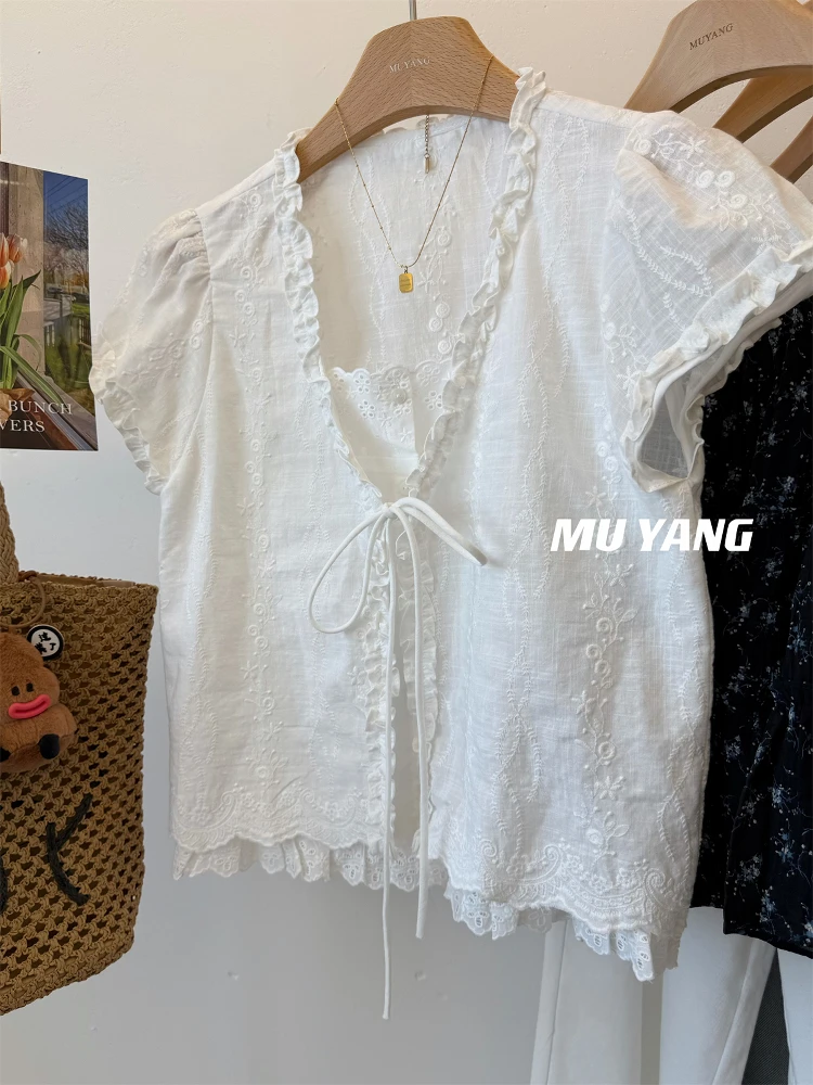 2025夏季设计感小众设计开襟绑带假两件刺绣花边木耳衬衫显瘦衬衣