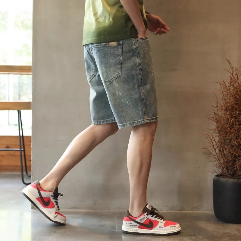 Cebrodz油漆点泼墨牛仔裤短裤男士直筒五分裤子夏季潮牌宽松大码