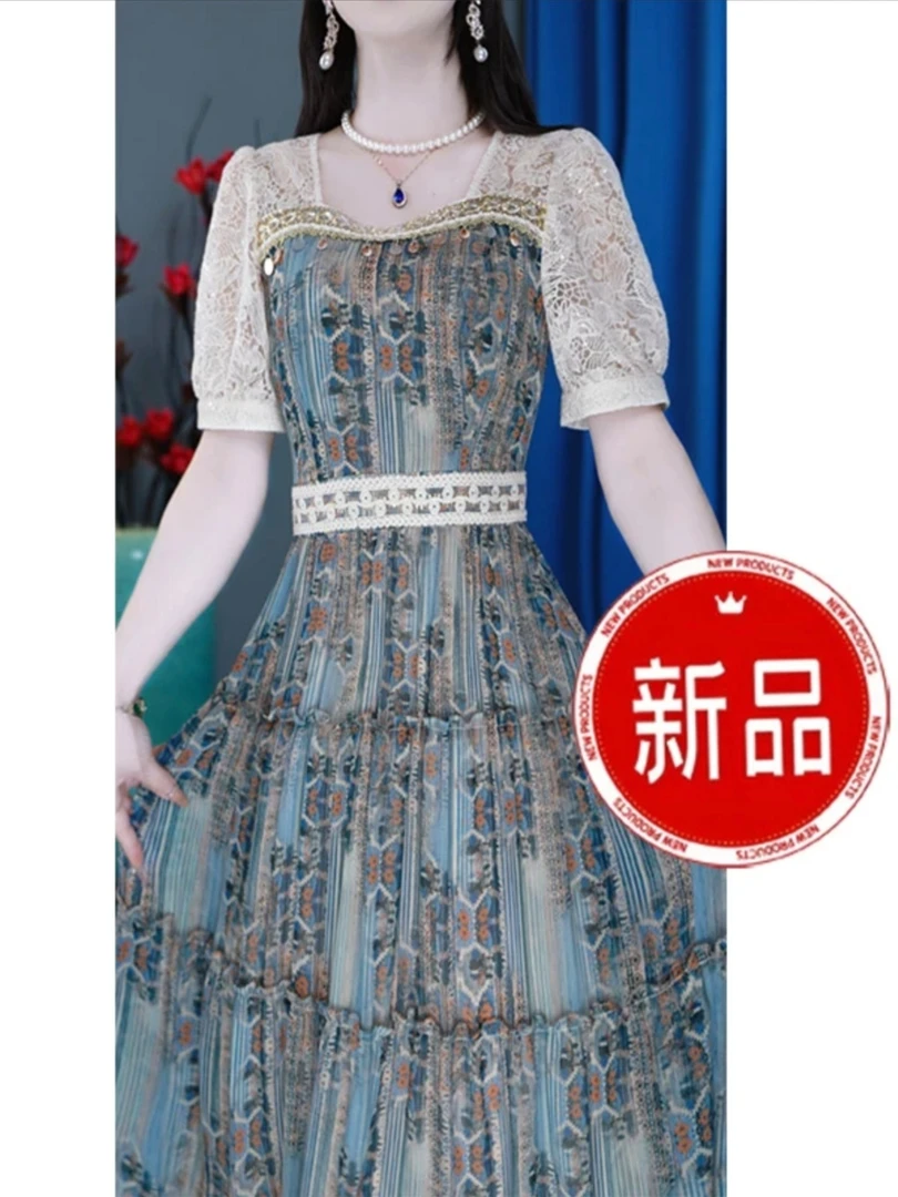 梦莎姿波西米亚收腰时尚减龄裙子夏季气质显瘦中长修身优雅连衣裙