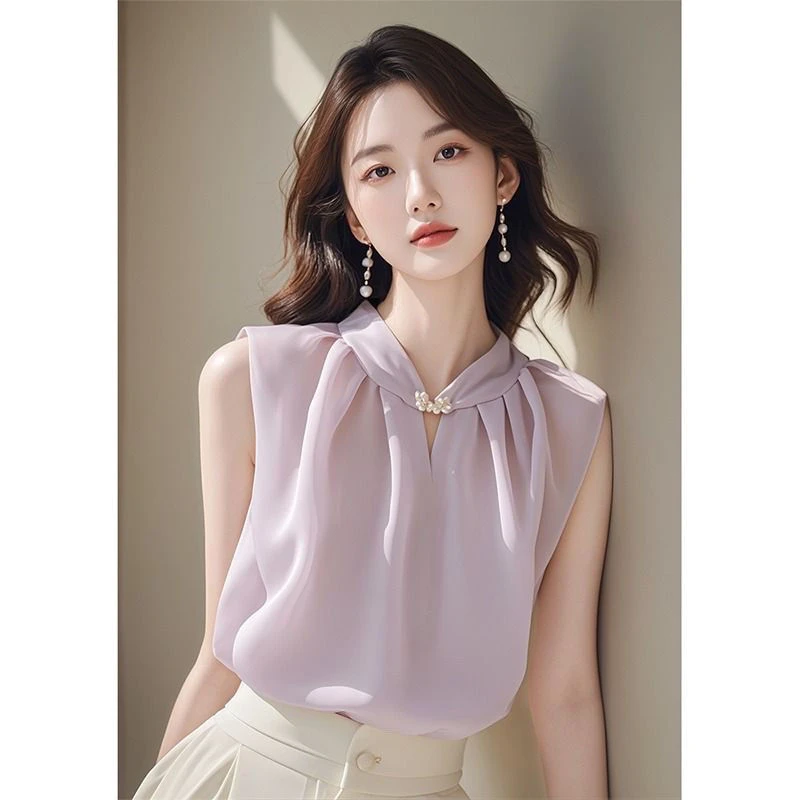户外流行漂亮独特洋气高端别致小众绝美雪纺衬衫紫色无袖上衣女夏