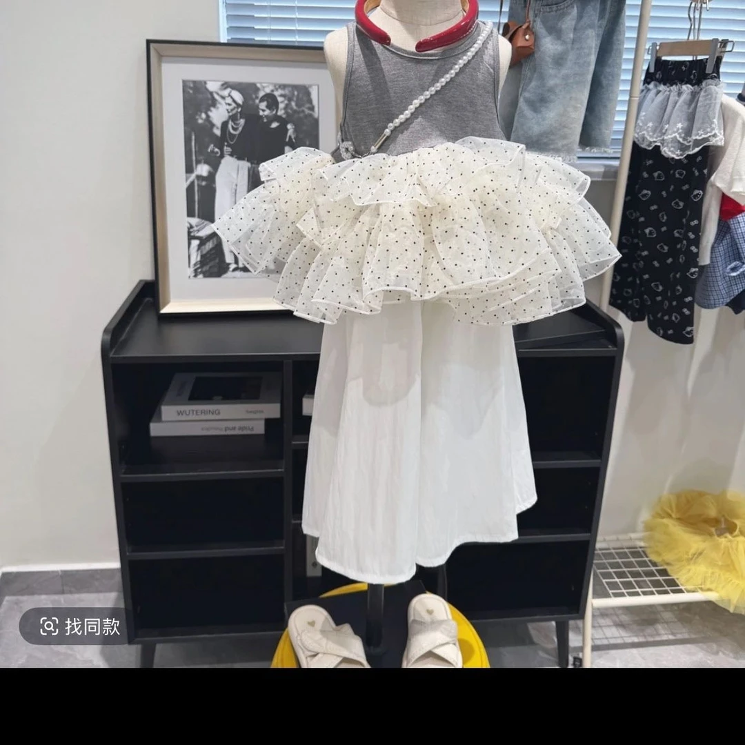 韩系女童套装夏季洋气25拼接新款宝宝波点背心裙白色冰感棉阔腿裤