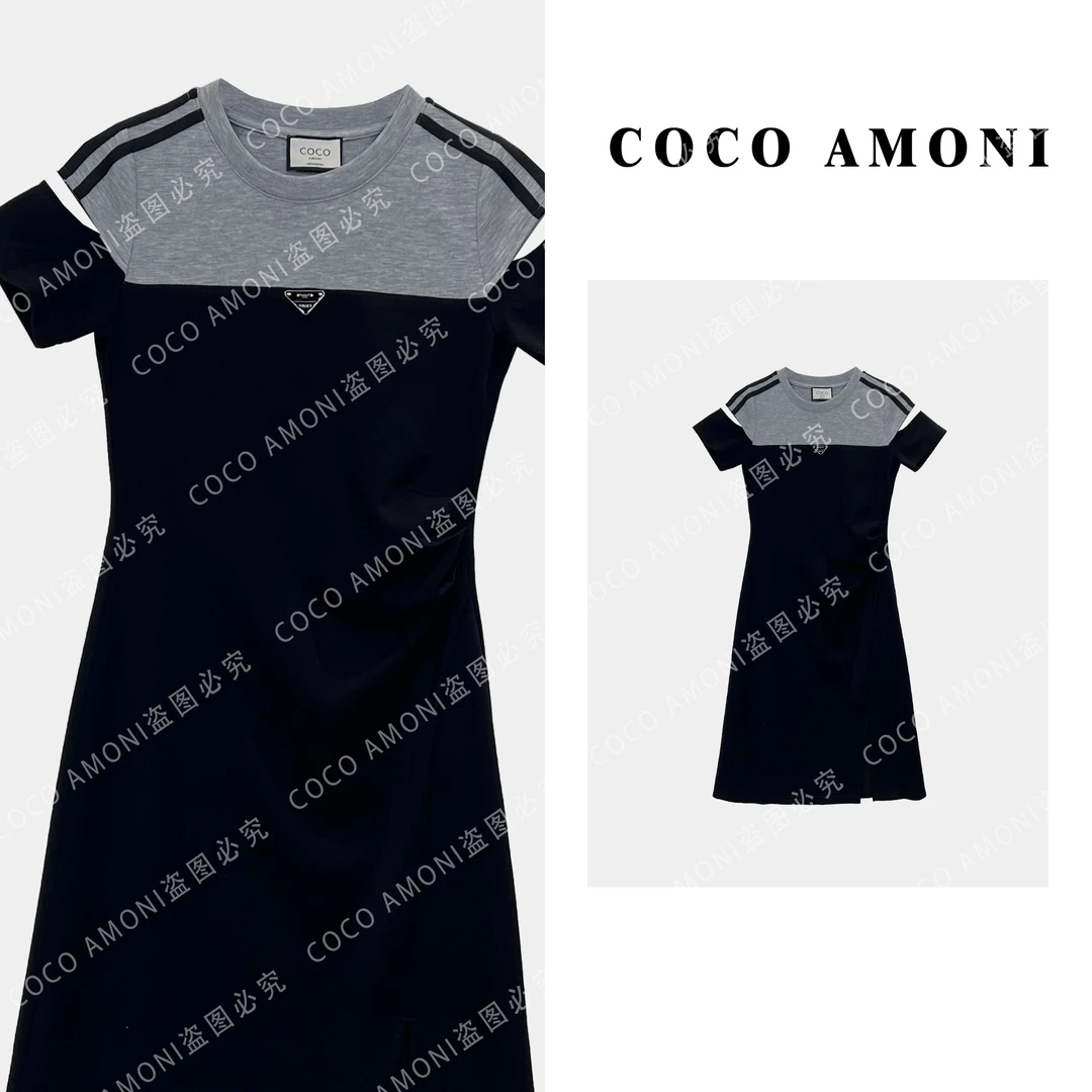 时尚夏日新款设计高级款女装拼接露肩气质收腰显瘦连衣裙AB1009