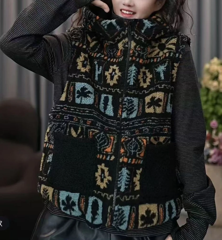 双面穿复古花百搭加绒加厚时尚连帽马甲