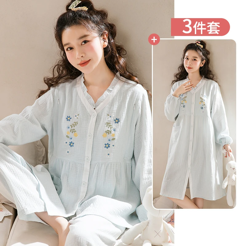 家时光月子服纯棉哺乳服夏季薄款带胸垫孕妇睡衣待产裙三件套1475