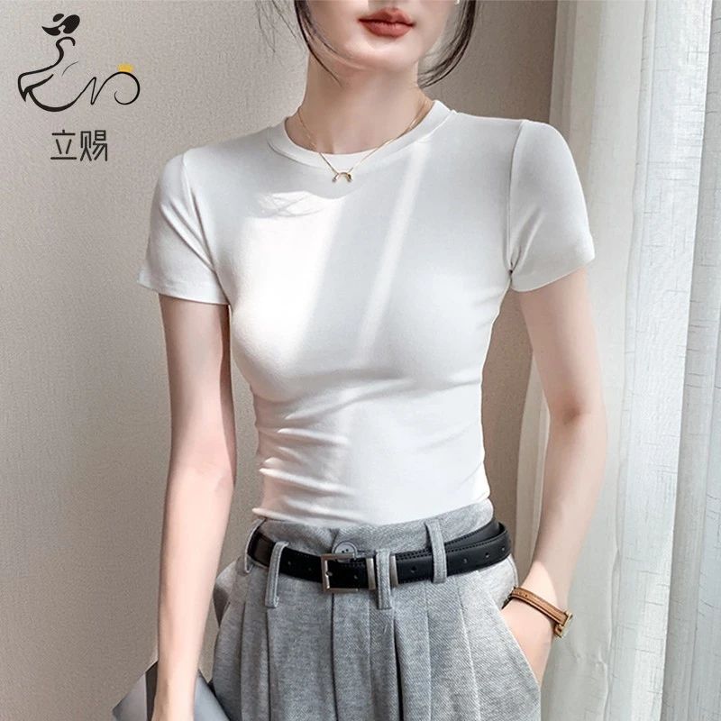 立赐白色短袖T恤女2025春季修身正肩圆领半袖垂感上衣薄款显瘦
