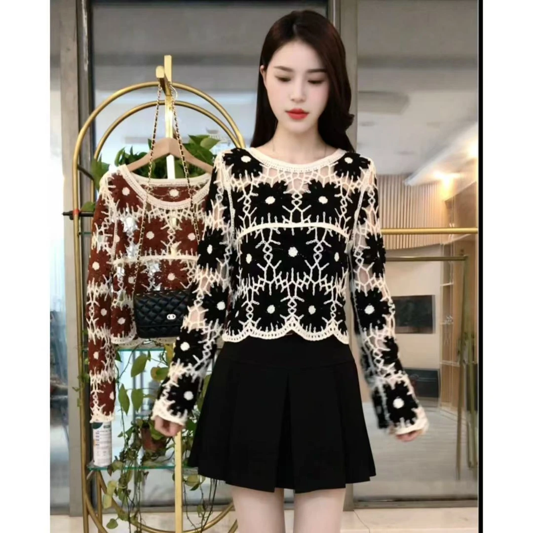 镂空秋季长袖女拼色短款毛针织衫气质百搭网红名媛毛衣女装