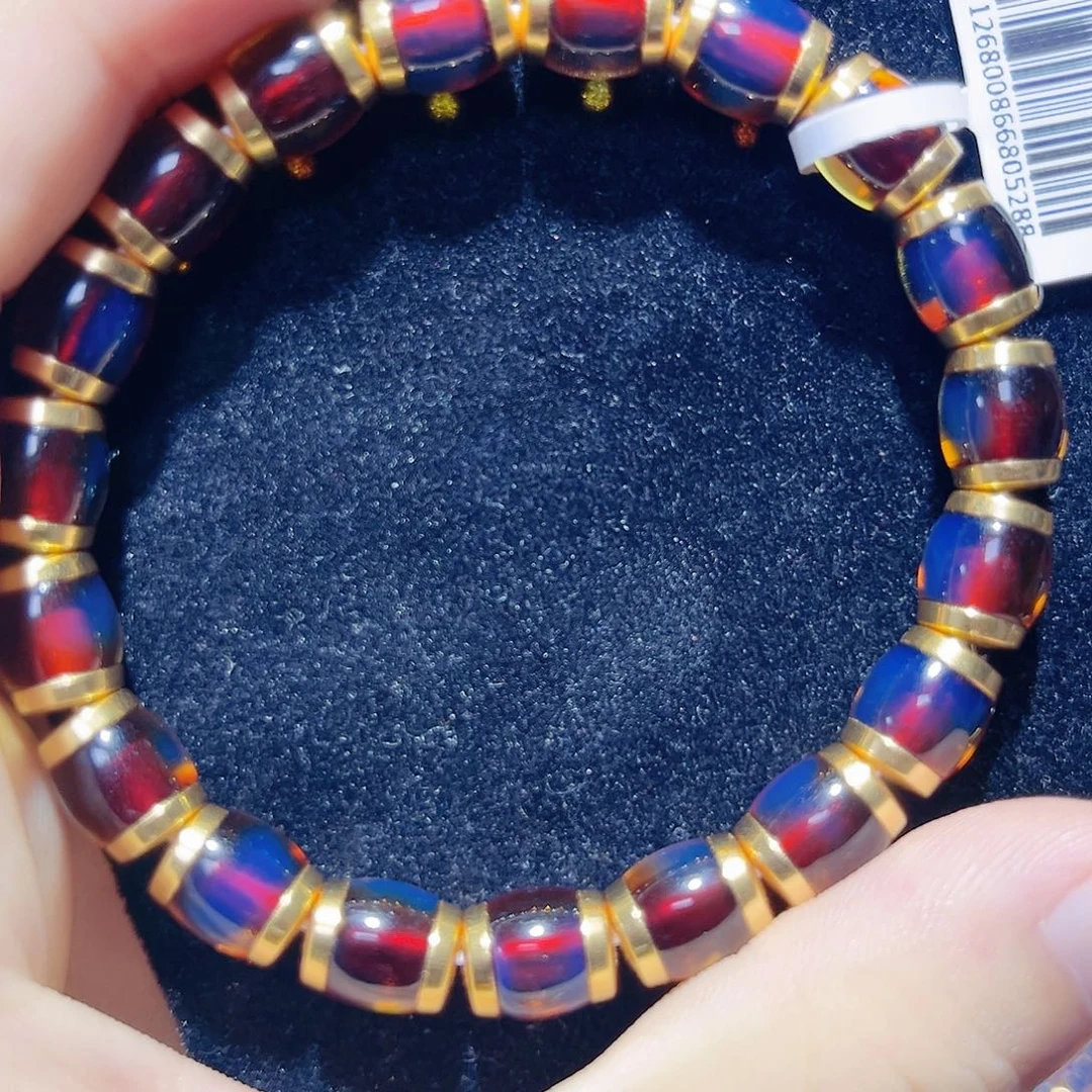 蓝珀银S925镀金镶嵌珠宝奇石8mm墨西哥桶珠手串