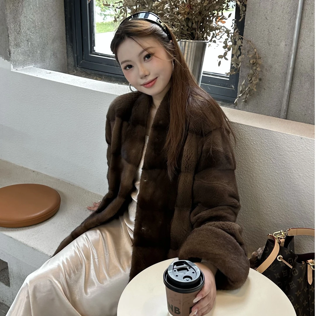 【开心】水貂皮大衣女中长款V领2025新款海宁整貂皮草外套挽袖FC-36