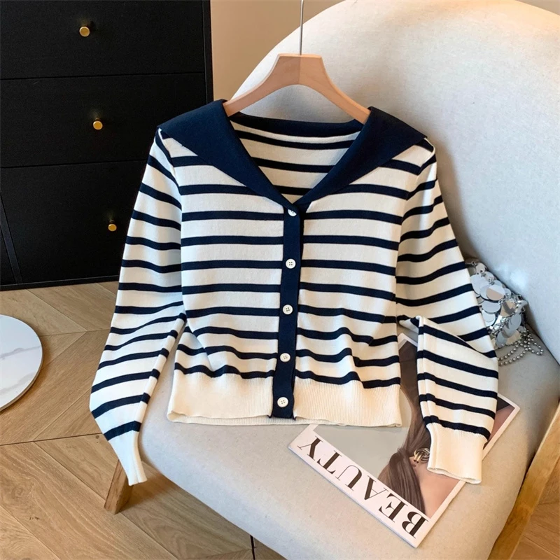 自留款推荐~撞色海军领条纹长袖针织开衫女秋季新款减龄短款毛衣