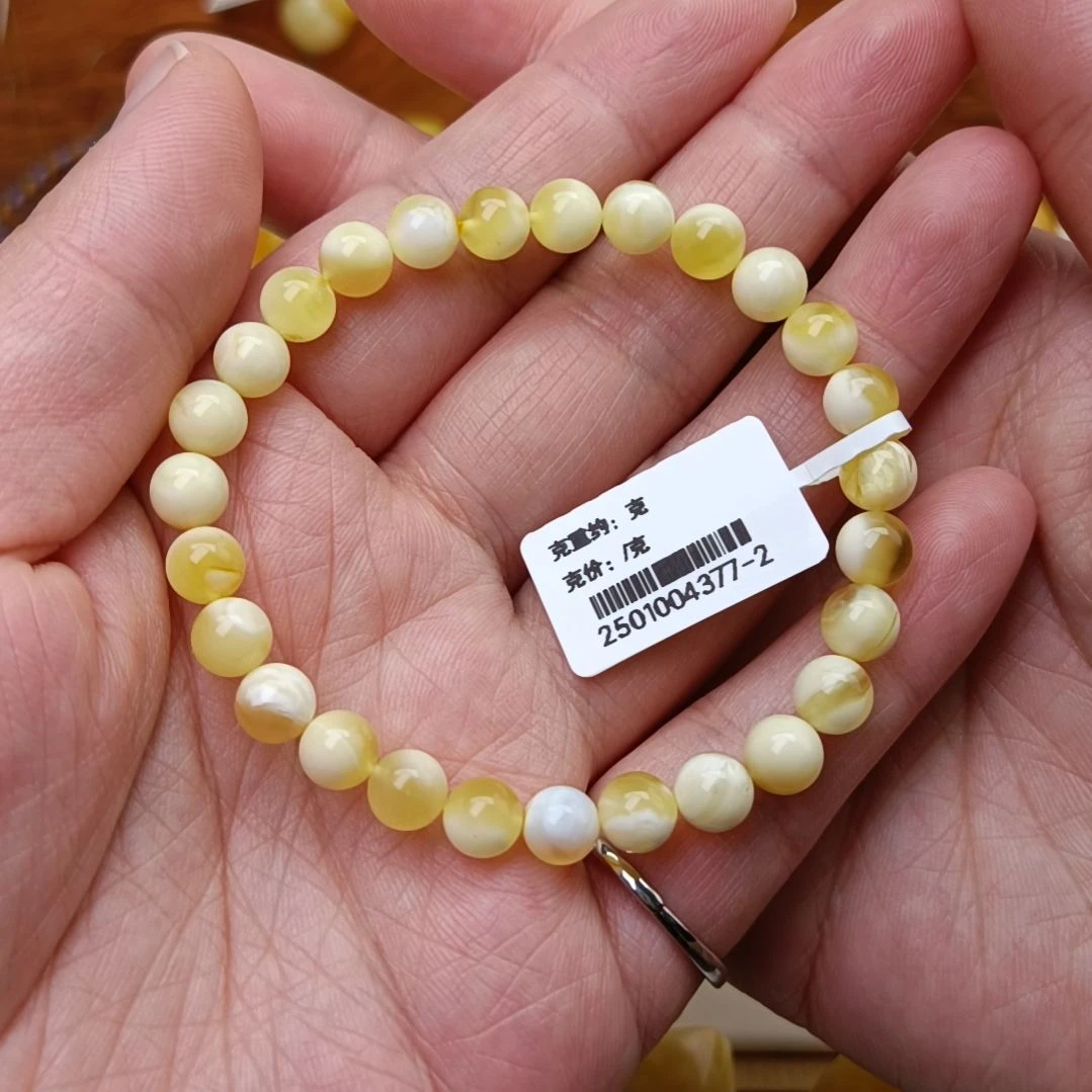 未镶嵌蜜蜡手链6圆珠金瓷白