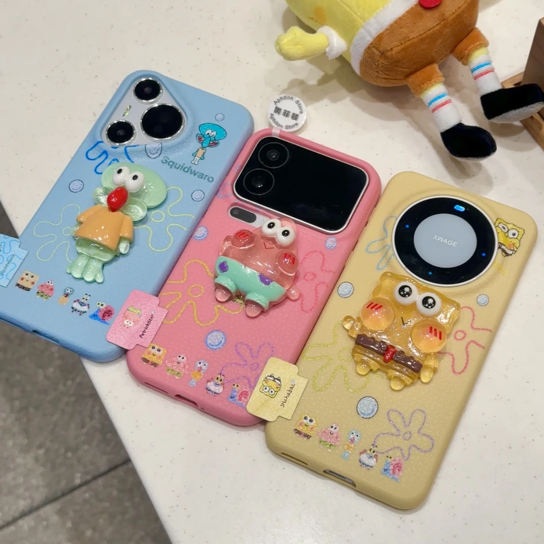 海绵宝宝公仔标签适用苹果17/16皮革纹手机壳vivo华为小米17oppo