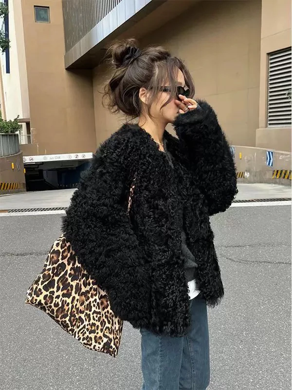 西班牙进口羊卷毛皮草外套欧美风中款羊皮夹克保暖拉风皮毛一体