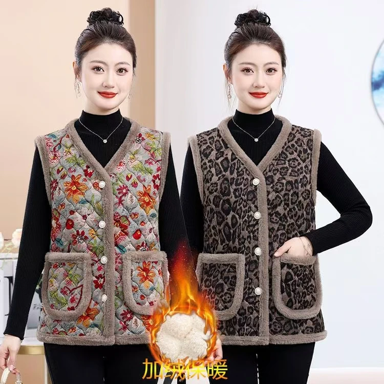 时尚妈妈秋冬马夹女冬装加绒加厚马甲外套中年背心休闲小坎肩女士