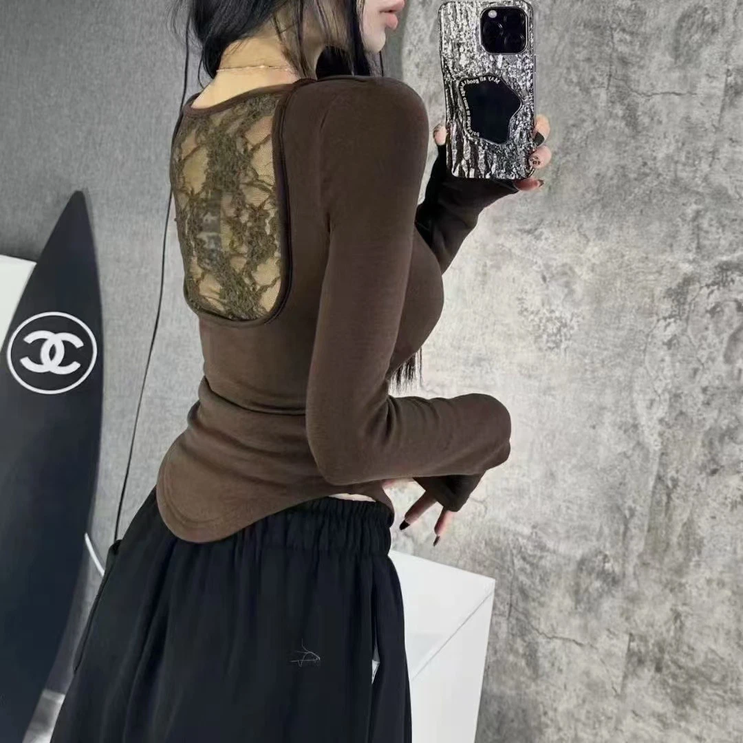 性感蕾丝拼接U领长袖T恤女法式纯欲穿搭修身显瘦辣妹绝美上衣